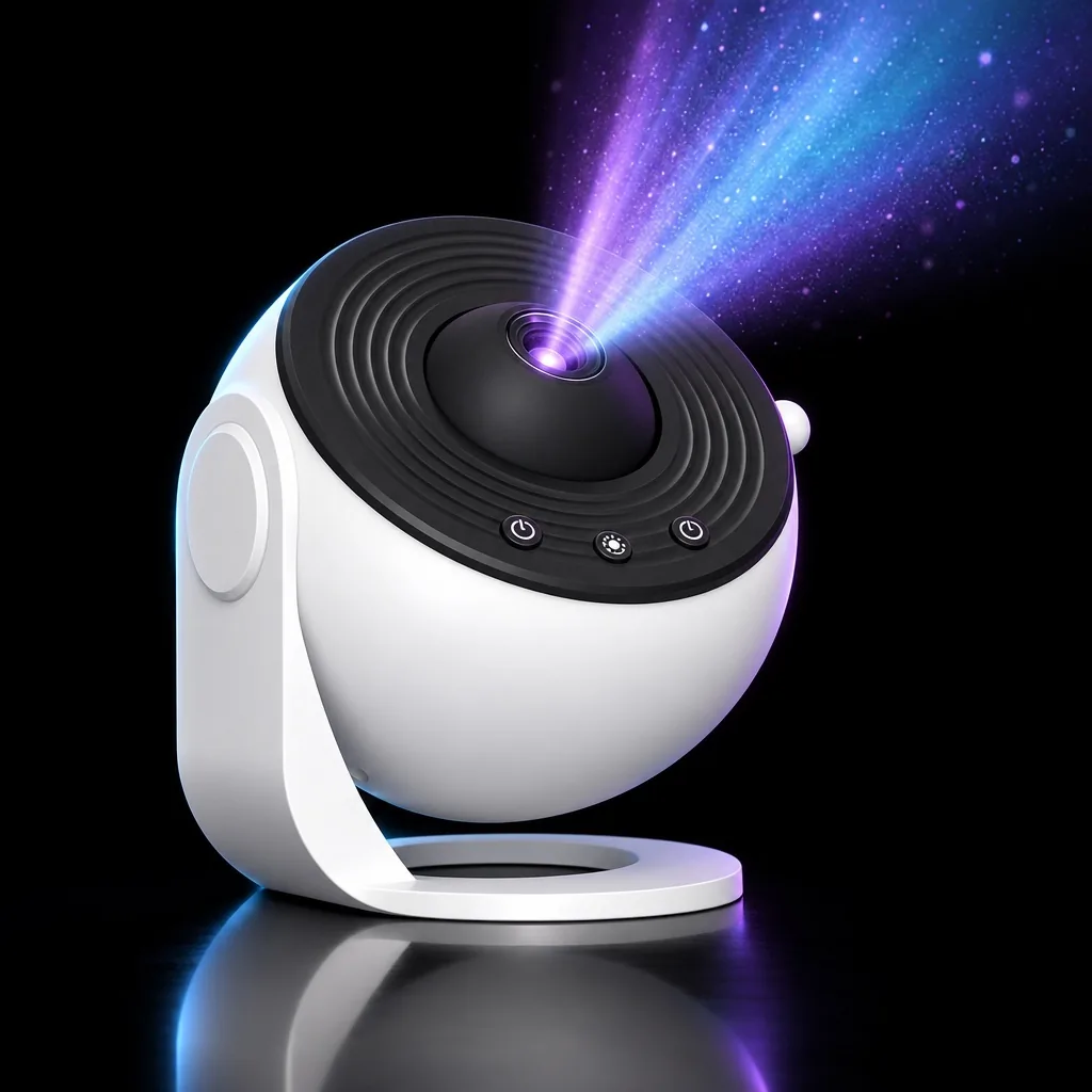 Skylume projector emitting a beam of violet light