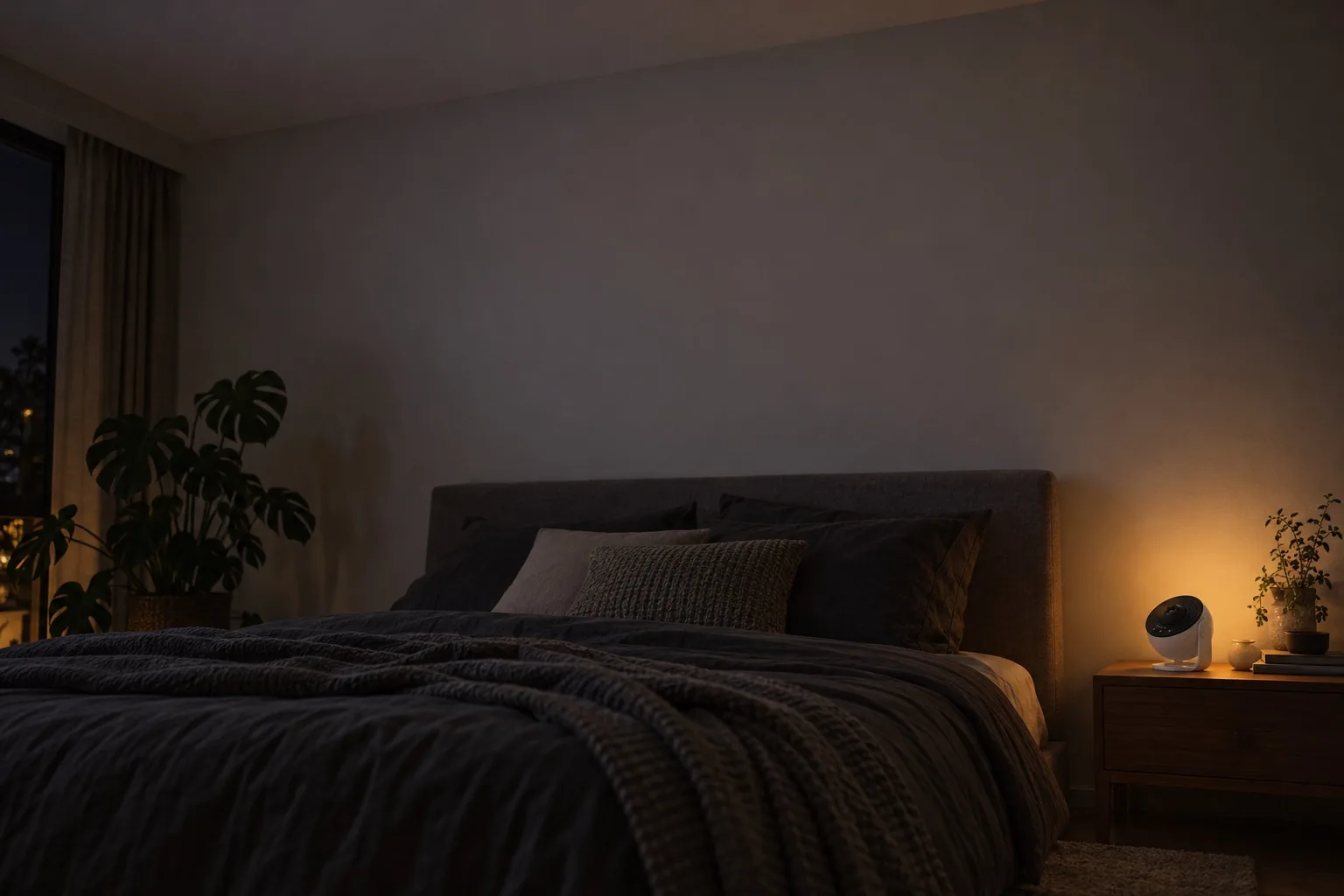 Dark bedroom with the Skylume projector on a nightstand