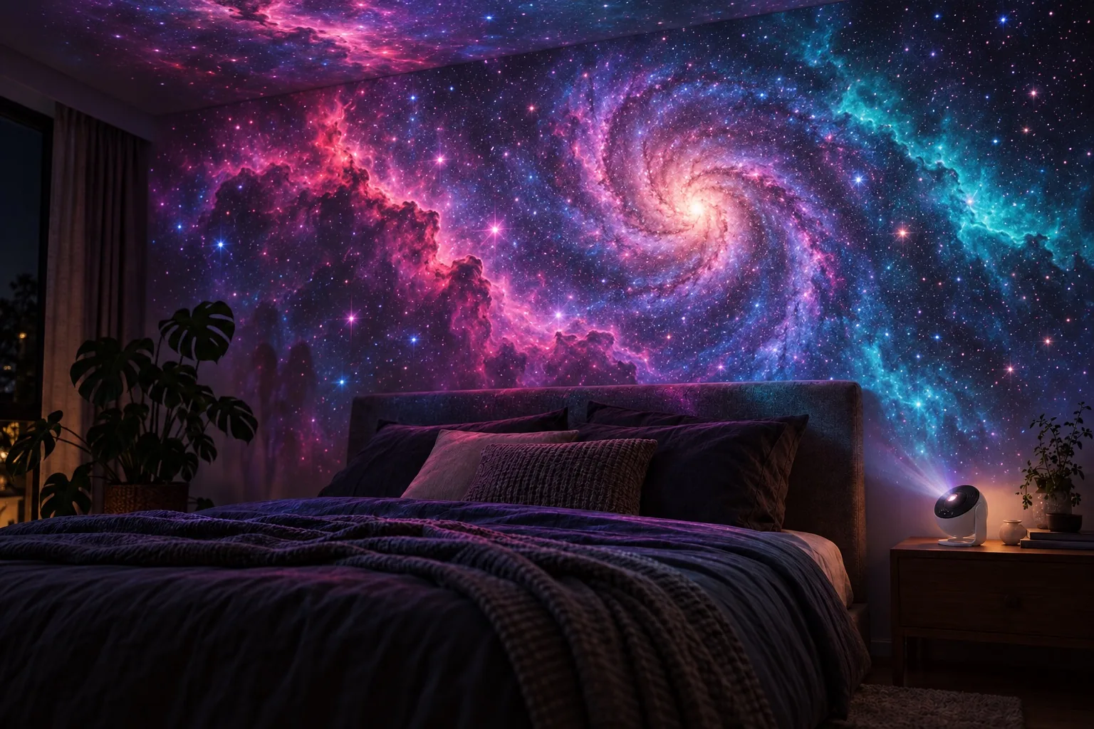 The same bedroom with the Milky Way world projected across the wall and ceiling